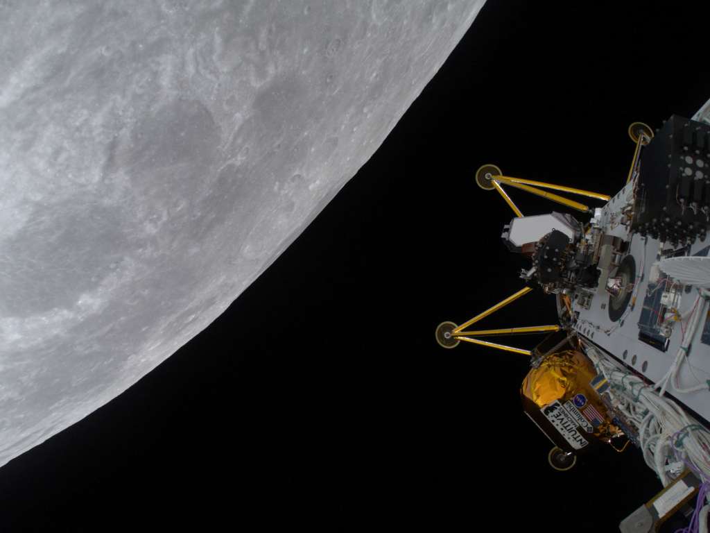 This March 3, 2025, image courtesy of Intuitive Machines, LLC shows the company's IM-2 mission Nova-C class lunar lander, Athena, in circular orbit around the Moon.