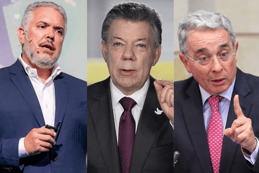 Los expresidentes Iván Duque, Juan Manuel Santos y Álvaro Uribe.