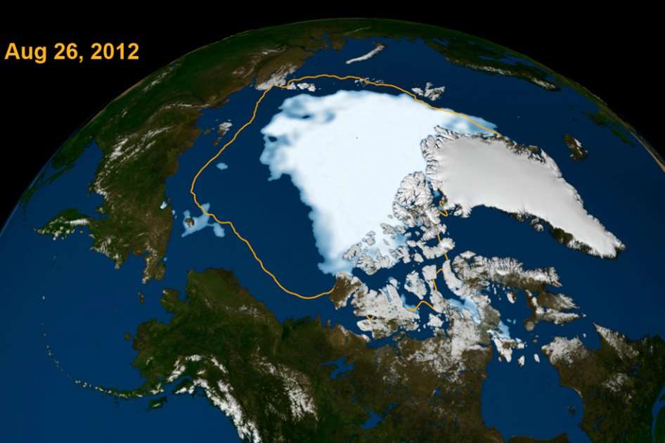 La línea amarilla representa el promedio mínimo del hielo en el océano Ártico entre 1979 y 2010. La capa blanca es el nivel de la cobertura de hielo a agosto de 2012. / Gráfico: NASA