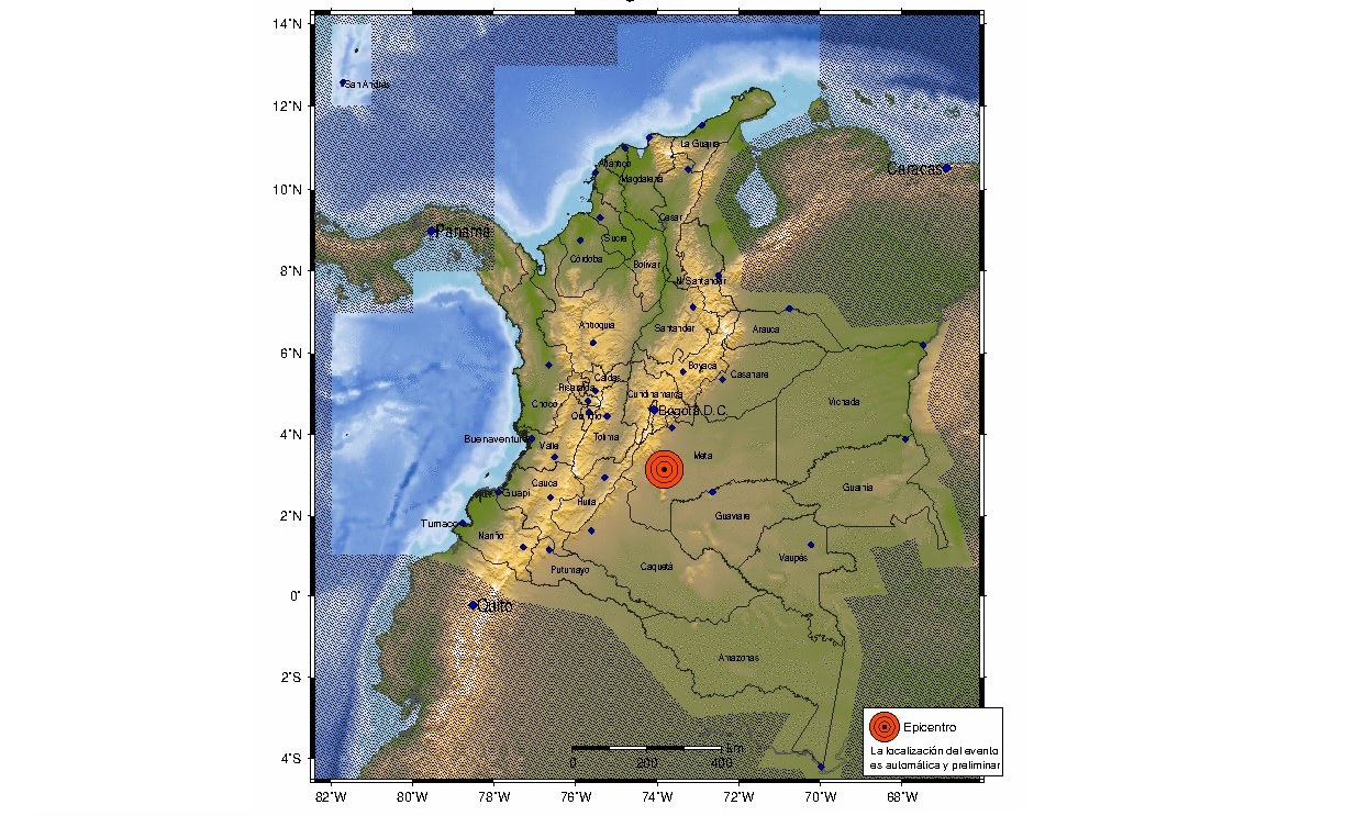 Imagen tomada del Servicio Geológico Colombiano (SGC) que muestra el epicentro del temblor.