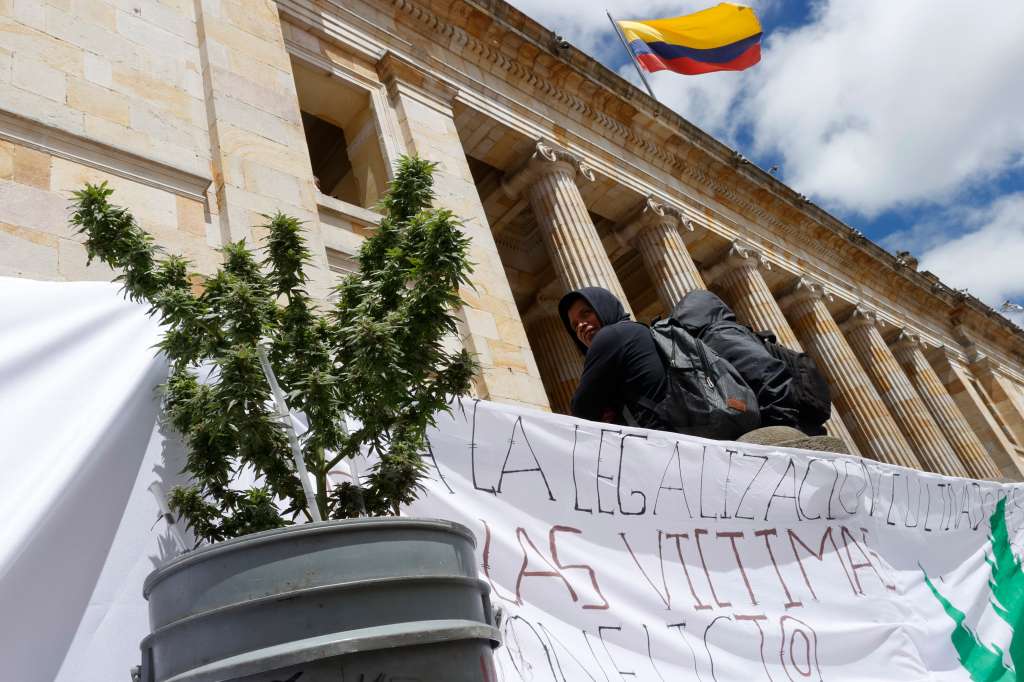 AME7724. BOGOTÁ (COLOMBIA), 20/06/2023.- Indígenas y campesinos realizan hoy un plantón en apoyo a la regularización y legalización del cannabis de uso recreativo, frente al Congreso en Bogotá (Colombia). La producción y comercialización del cannabis con fines recreativos está a un paso de ser despenalizada en Colombia, con su último debate programado para este martes en la plenaria del Senado, un paso que podría ser histórico para un país cuya evolución reciente está inevitablemente ligada al narcotráfico. EFE/ Mauricio Dueñas Castañeda
