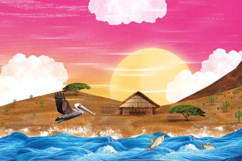 Ilustración de portada del libro “Voces Wayuu del Agua y el Viento: Encuentros Ontológicos en la Guajira frente a la Transición Energética”.