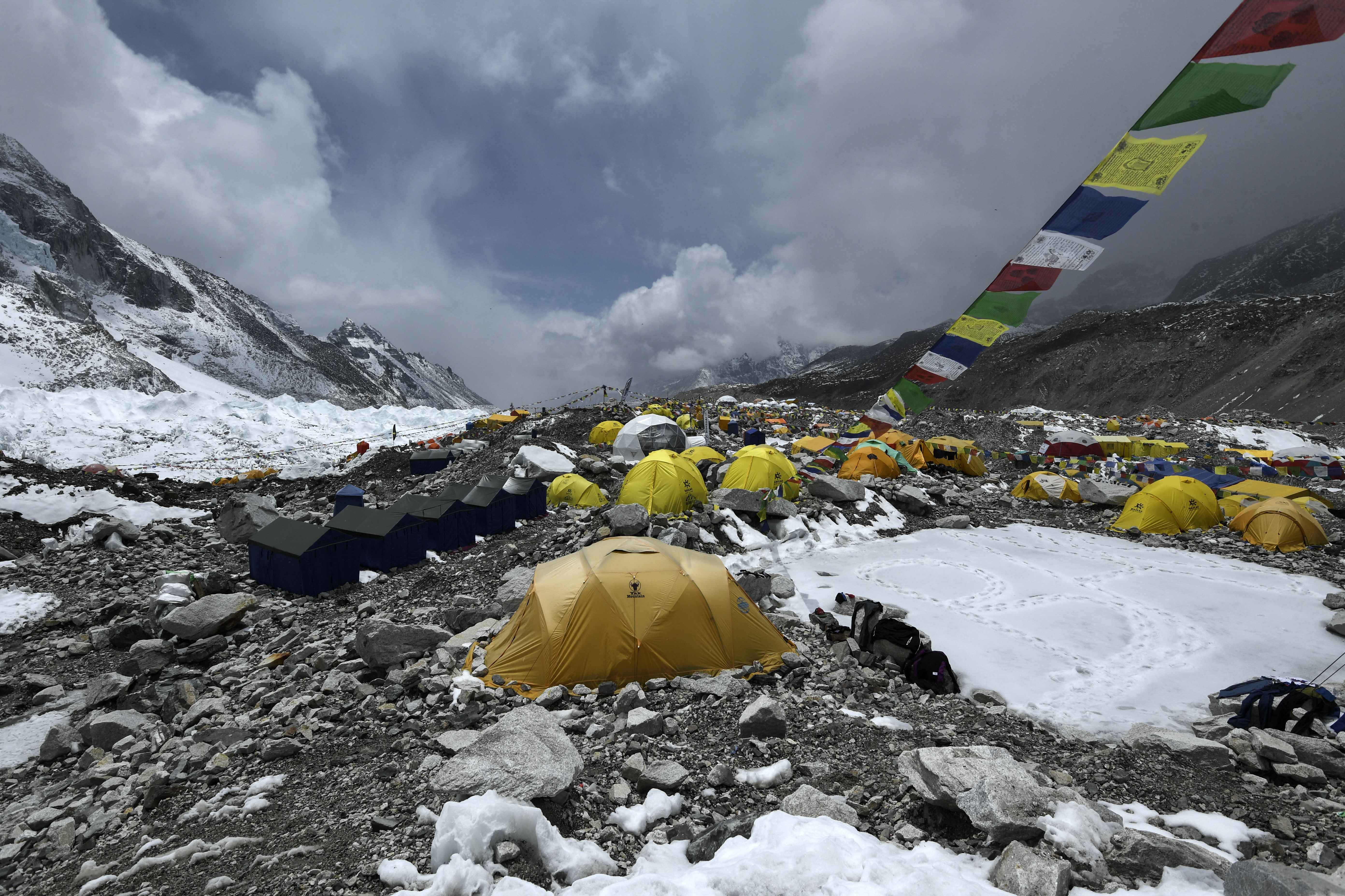(FILES) In this photograph taken on May 1, 2021 expedition tents are seen at Everest Base Camp in the Mount Everest region of Solukhumbu district, some 140 km northeast of Nepal's capital Kathmandu.