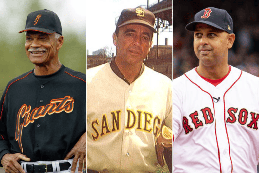 De izquierda a derecha: Felipe Alou, Preston Gómez y Alex Cora.