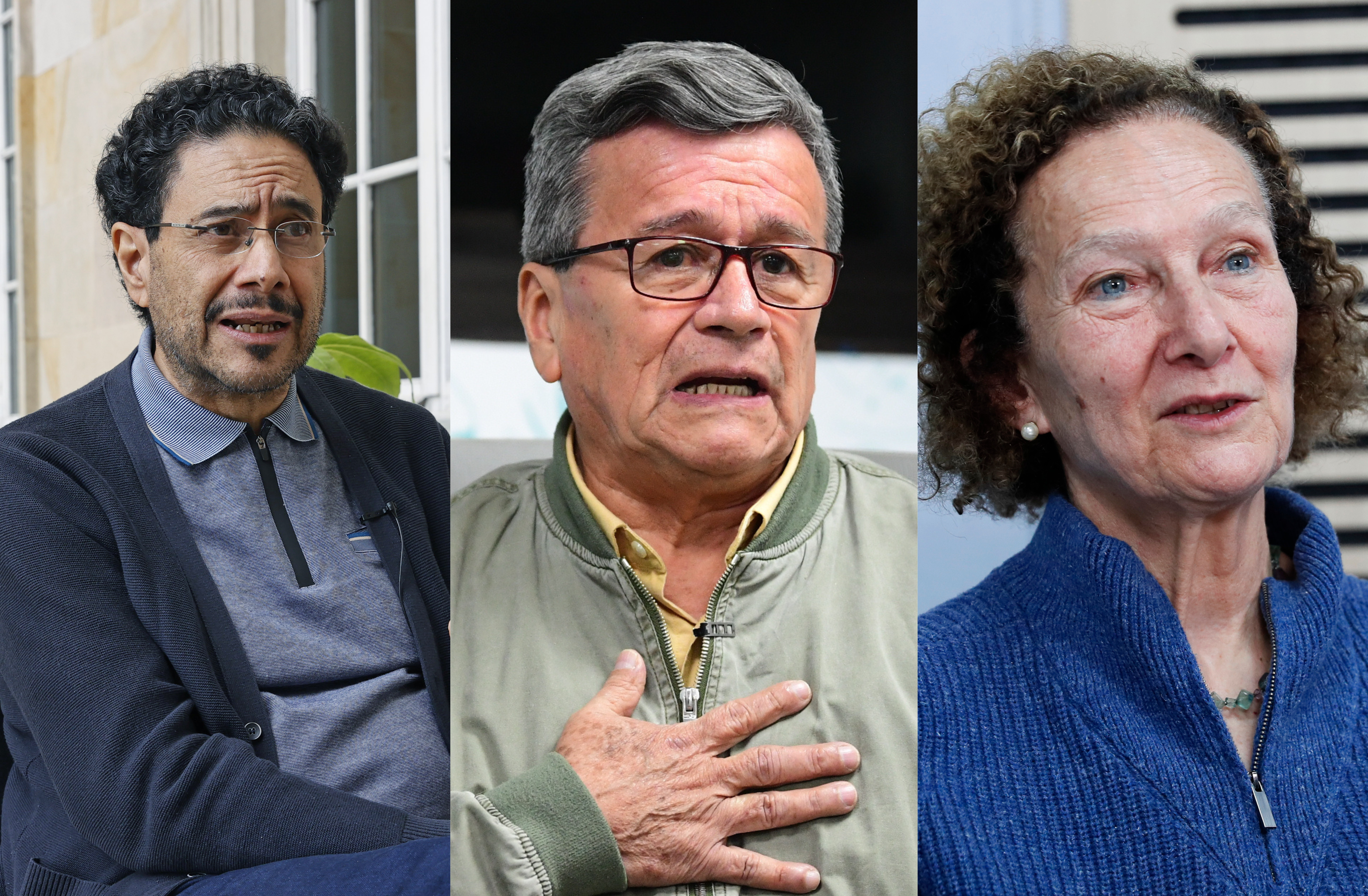 La jefa de la delegación de Gobierno en los diálogos con el ELN, Vera Grabe, el senador y también miembro de esa negociación, Iván Cepeda, y Pablo Beltrán, jefe negociador por el ELN.