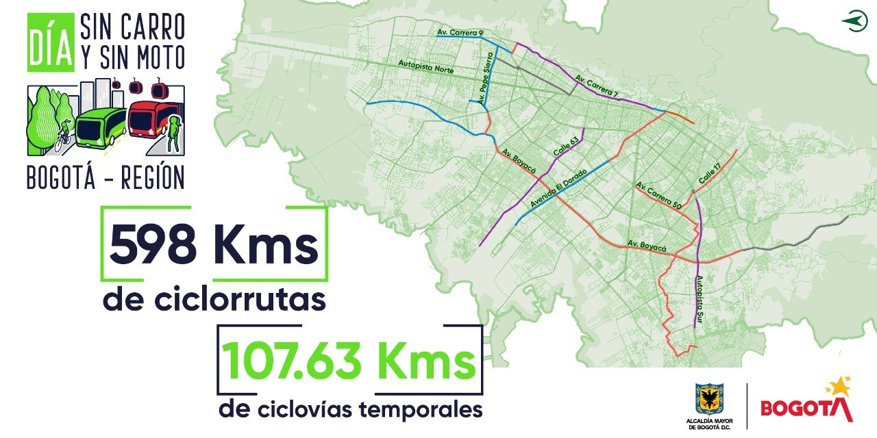 Este es el mapa que da cuenta de las ciclorrutas y las ciclovías que funcionarán para el día sin carro y sin moto en Bogotá.