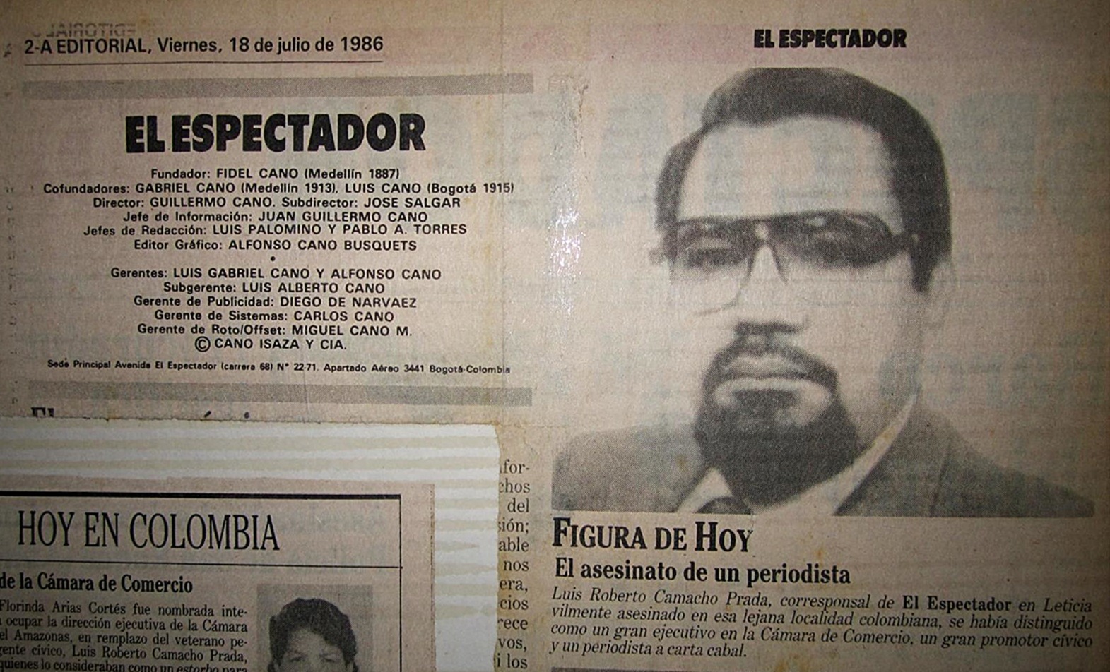 Registro en la página editorial de El Espectador del asesinato de su corresponsal en Leticia, José Roberto Camacho Prada.