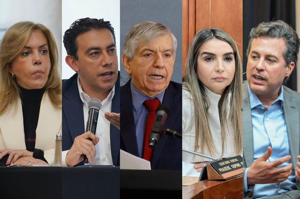Clara Luz Roldán y Alexander Vega, codirectores del Partido de la U; César Gaviria, jefe único del Partido Liberal; Nadia Blel, presidenta del Partido Conservador; y Juan Manuel Galán, director del Nuevo Liberalismo.