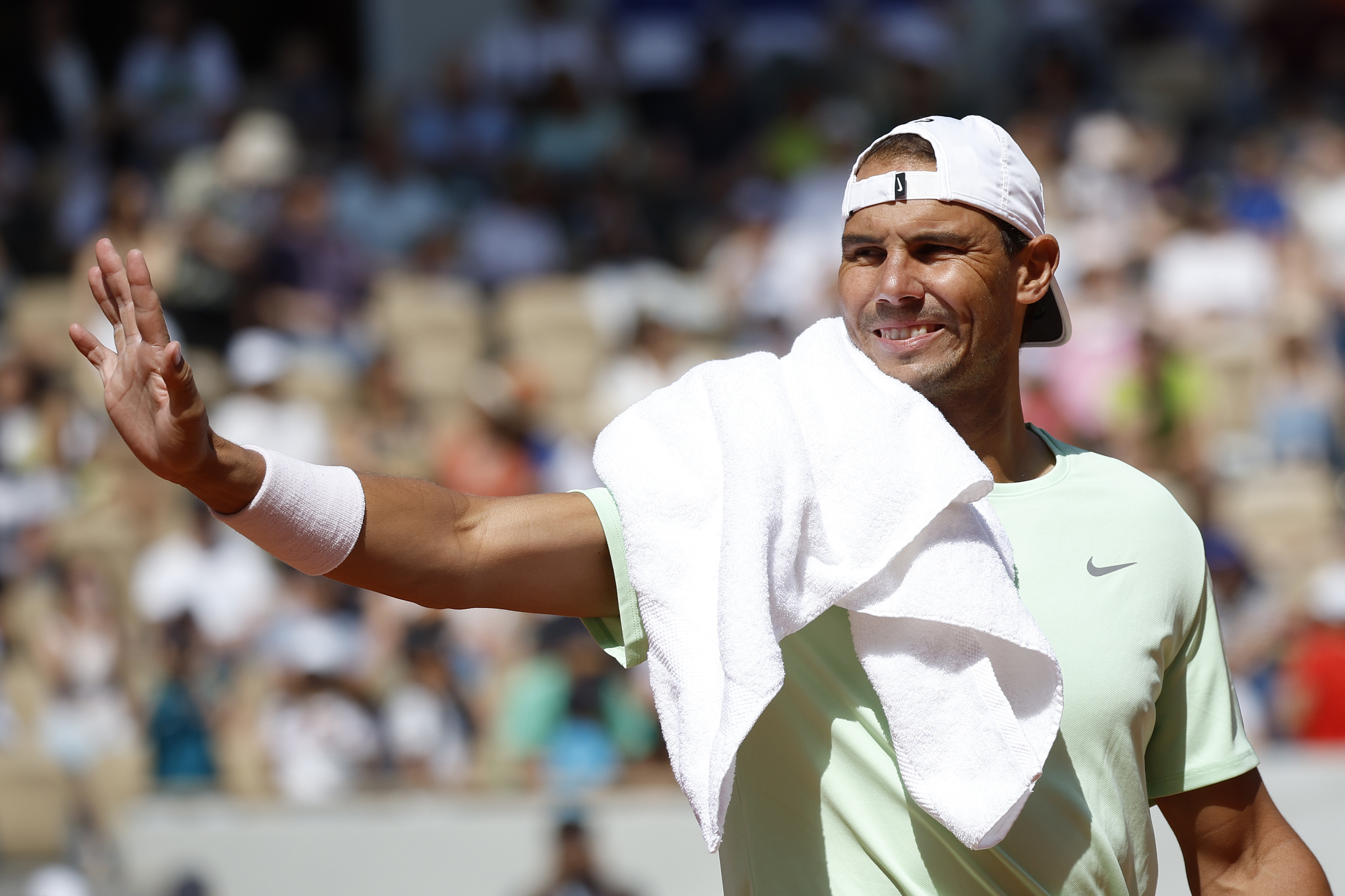 Paris (France), 25/05/2024.- Rafael Nadal of Spain reacts during a public training session on the Philippe Chatrier court at Roland Garros in Paris, France, 25 May 2024. The 123th French Open tennis tournament starts with its first round matches on 26 May 2024. (Tenis, Abierto, Francia, España) EFE/EPA/YOAN VALAT