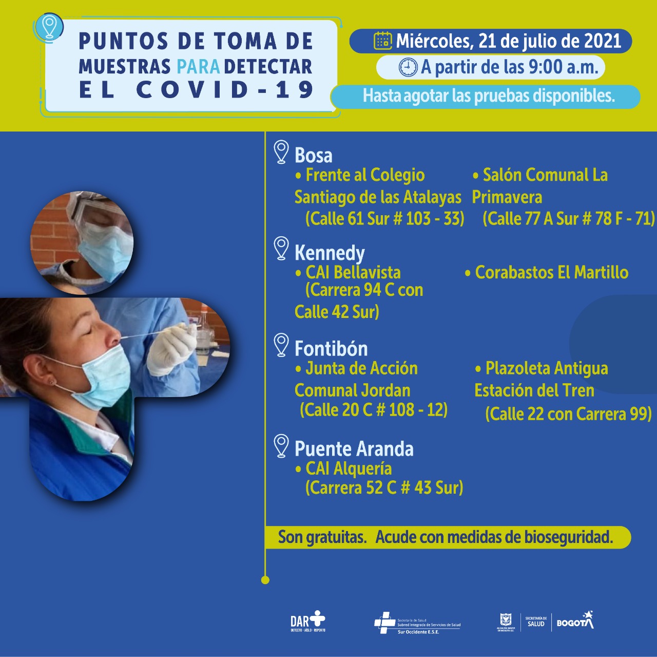 ¡Ojo! Estos serán los puntos de pruebas para COVID-19 este miércoles en Bogotá
