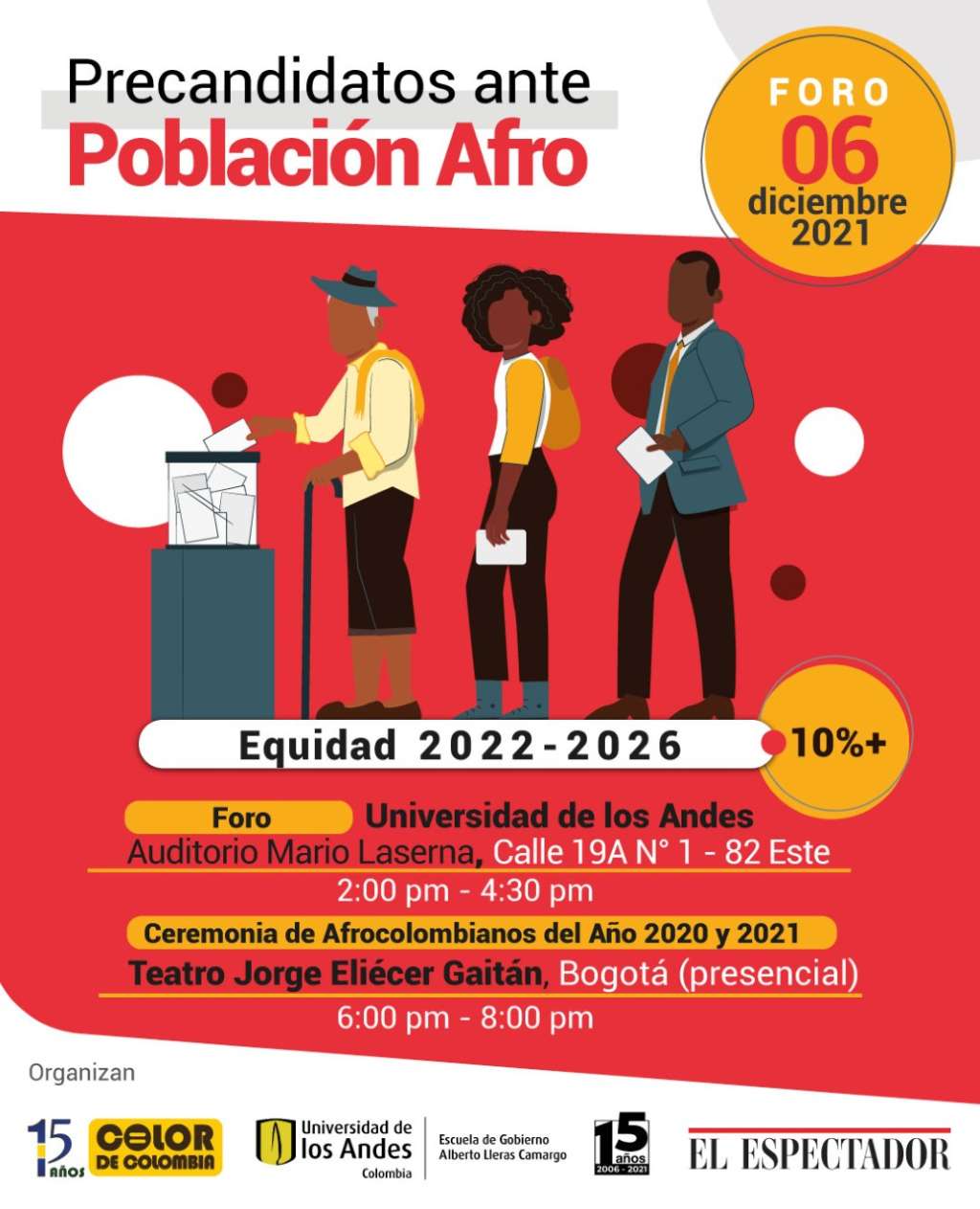 El "Foro de precandidatos presidenciales ante la población afrocolombiana” será presencial en la Universidad de los Andes.
