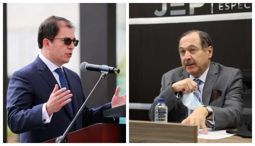 Fiscal general Francisco Barbosa (izquierda) y presidente de la JEP, Eduardo Cifuentes (derecha).