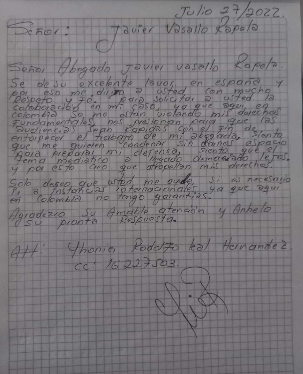 Esta fue la carta que Leal le envió al abogado Javier Vasallo para solicitar su apoyo en el proceso.