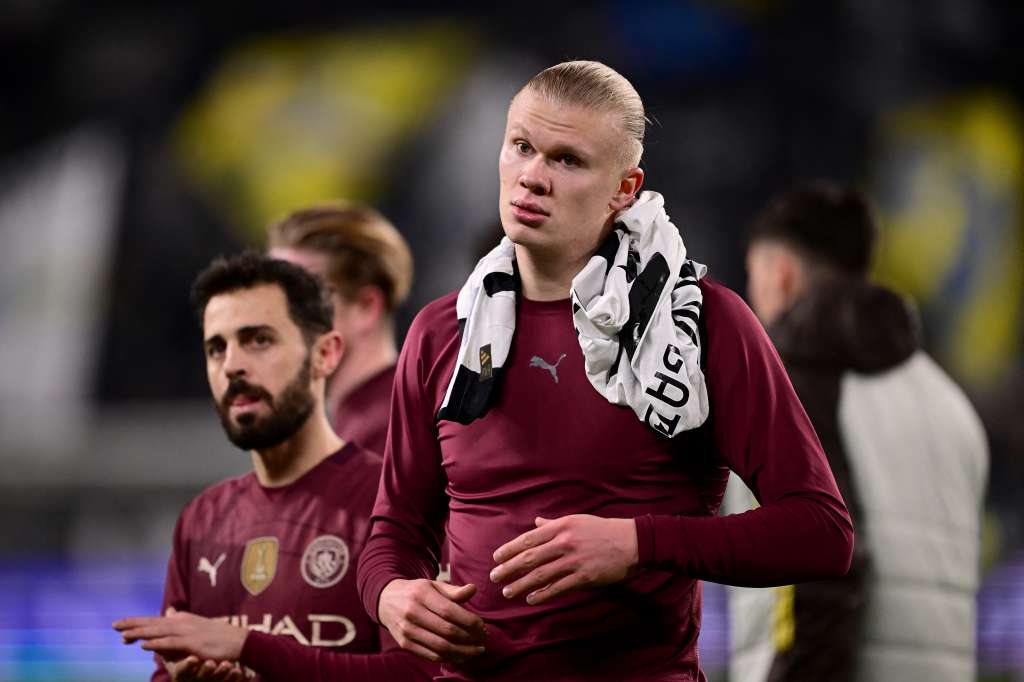 Manchester City's Norwegian forward #09 Erling Braut Haland reacts at the end of the UEFA Champions League, league phase day 6, football match between Juventus (ITA) and Manchester City (ENG) at the Allianz stadium in Turin, on December 11, 2024.