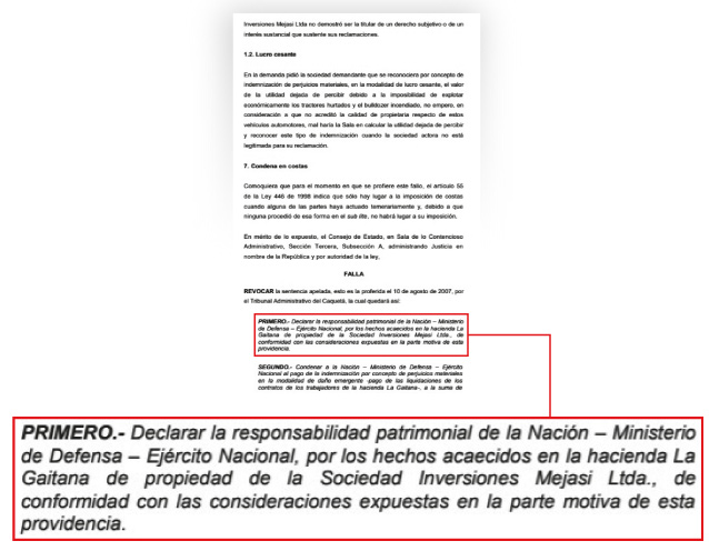 Facsímil de la sentencia del Consejo de Estado en la que se condenó al Ministerio de Defensa - Ejército por la situación humanitaria en la hacienda.