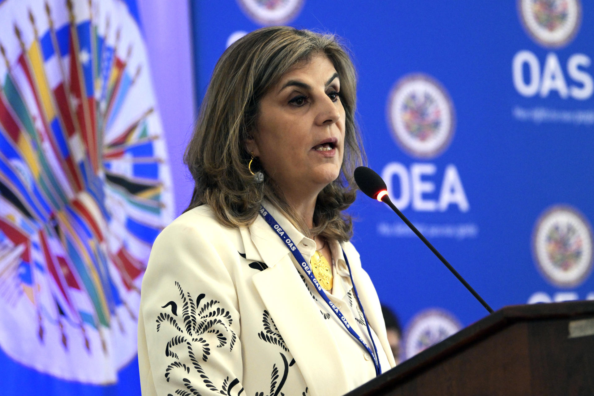 USA2417. WASHINGTON (DC, EEUU), 05/05/2025.- La diplomática colombiana Laura Gil habla tras su elección como secretaria general adjunta de la Organización de los Estados Americanos (OEA) este lunes en la sede del organismo en Washington (EE.UU.). Gil fue elegida como secretaria general adjunta de la Organización de los Estados Americanos (OEA), convirtiéndose en la primera mujer en ocupar el segundo cargo más alto del organismo. EFE/Lenin Nolly