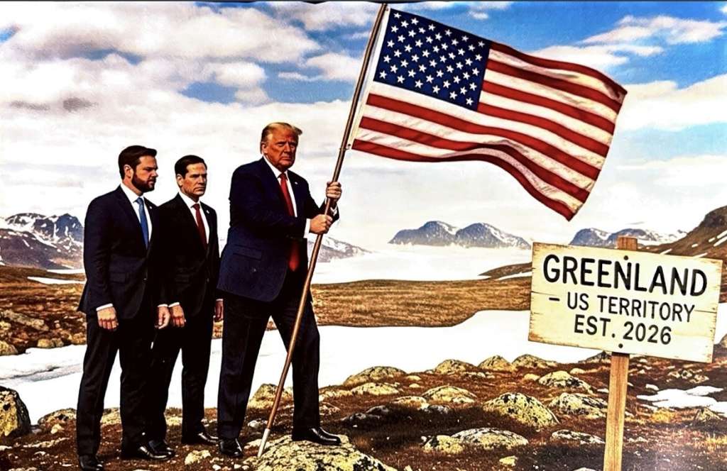 Una imagen creada con inteligencia artificial que muestra a Donald Trump, acompañado de Marco Rubio y J.D. Vance, poniendo una bandera de Estados Unidos en Groenlandia.