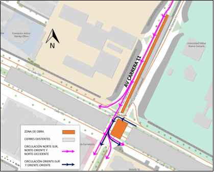 Mapa desvío calle 100 con carrera 11 para vehículos particulares y tráfico mixto.