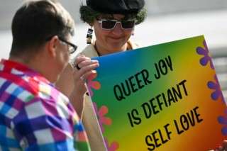 Demonstrators protest against conversion therapy outside the US Supreme Court as the Court hears oral arguements in Chiles v. Salazar, a landmark case on conversion therapy, on October 7, 2025, in Washington, DC.
