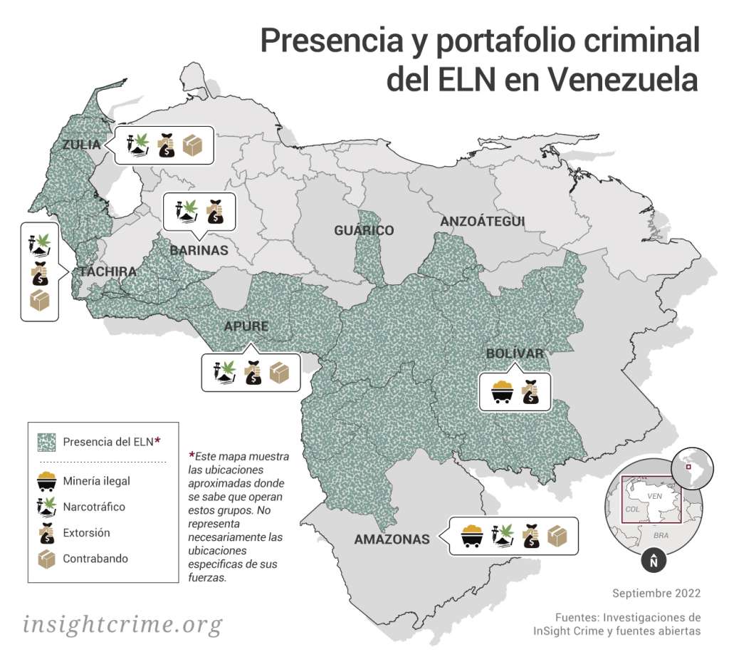 Presencia y portafolio criminal del Eln en Venezuela. Este mapa muestra las ubicaciones aproximadas donde se sabe que operan estos grupos. No representa necesariamente las ubicaciones de sus fuerzas.