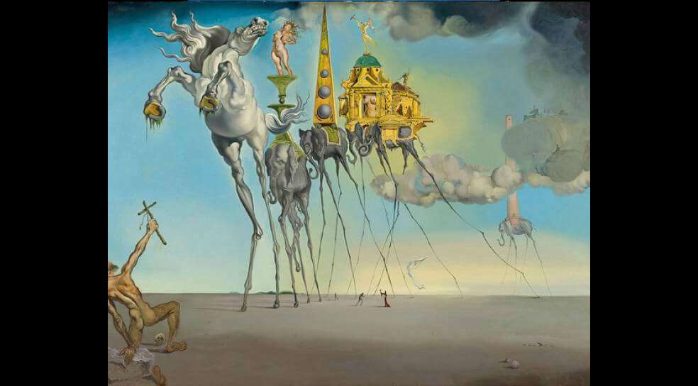 "La tentación de San Antonio" representa una narración de la Leyenda áurea por Atanasio de Alejandría, en la que se ve a San Antonio arrodillado en el desierto para protegerse de las tentaciones que lo persiguen. / © Salvador Dalí, Fundació Gala-Salvador Dalí, VEGAP, Madrid, 2012