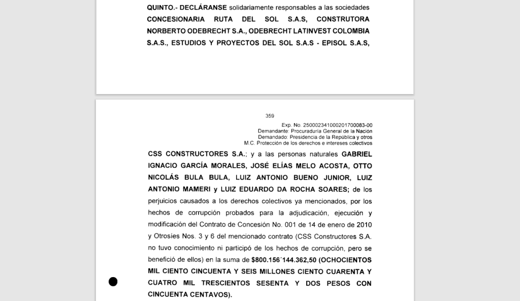 En el numeral quinto de la sentencia del Tribunal Administrativo de Cundinamarca, se declaró responsable a Odebrecht y algunos de sus socios, de perjuicios causados a derechos colectivos.