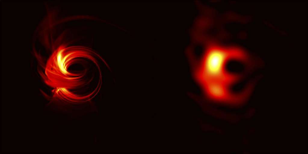 A la izquierda, una simulación de lo que el Telescopio EHT espera encontrar en 2018: una silueta en el brillo de la radiación en el centro de la Vía Láctea. A la derecha, lo que se ve actualmente.  / Kazunori Akiyama / NRAO