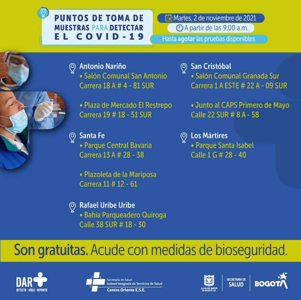 ¿Dónde hay pruebas gratuitas contra Covid-19 este martes en Bogotá?