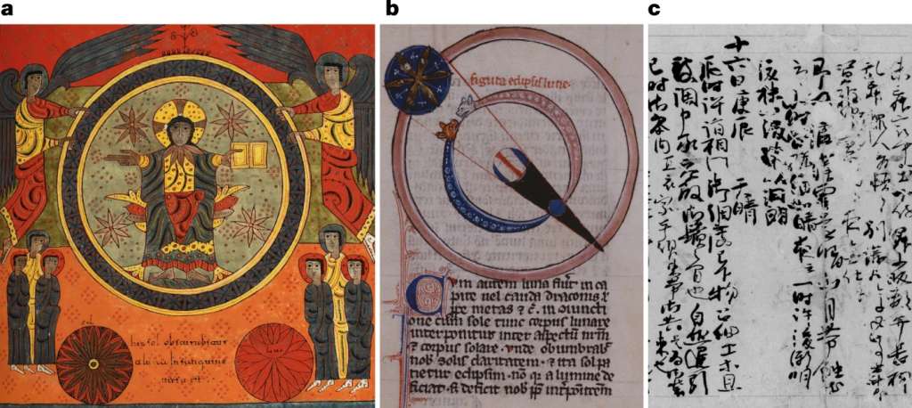 Comentario del Apocalipsis por Beato de Liébana, del monasterio de Santo Domingo de Silos, cerca de Burgos, España, 1090-1109 d.C. El texto de la parte inferior de la miniatura, entre el círculo oscuro de la izquierda, que representa un eclipse total de sol, y el círculo rojo de la derecha, que representa un eclipse total de luna, reza: "hic sol obscurabitur et luna in sanguine versa est" ("y el Sol se oscureció y la Luna se convirtió en sangre").
