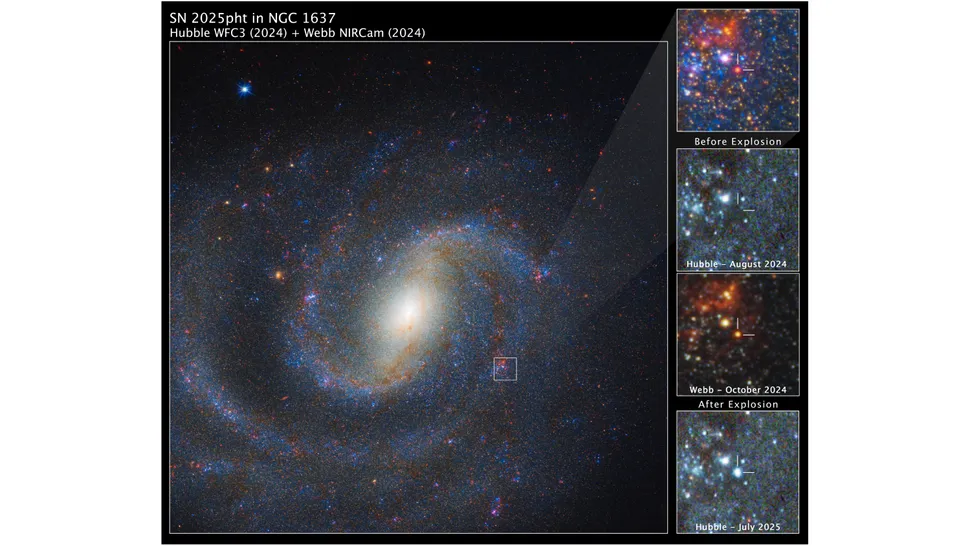 Se trata de la supernova SN 2025pht, registrada el 29 de junio de 2025 en una galaxia situada a unos 40 millones de años luz de la Tierra. El hallazgo marca un hito: es la primera vez que el potente telescopio infrarrojo logra identificar a la estrella progenitora que da origen a una supernova.