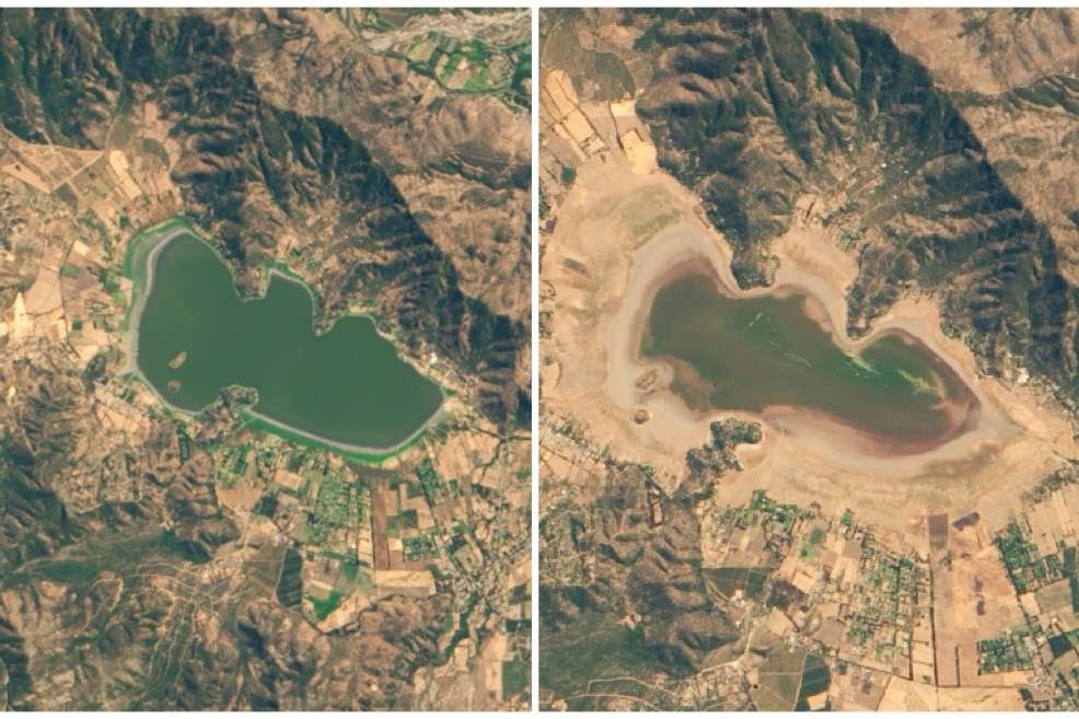 Comparación de una fotografía tomada el 26 de febrero de 2014 (izquierda) y una capturada el 12 de marzo de 2019 (derecha). En esta última se observa un cuerpo de barro y vegetación. / Imágenes de la Nasa Earth Observatory utilizando datos de Landsat - Lauren Dauphin.