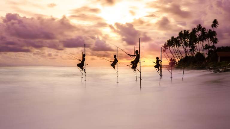 Ioannis Pavlos Evangelidis ganó oro en la categoría La gente y la naturaleza. "Los pescadores tradicionales sobre zancos prueban suerte con el cambio de marea al atardecer en Koggala, Sri Lanka. Muestra el movimiento del agua en contraste con la quietud de los pescadores. Los métodos de pesca tradicionales y artesanales como estos, utilizados para la subsistencia, no representan amenazas significativas para los recursos naturales del océano y, por el contrario, convierten a las comunidades locales en partes interesadas de la salud del océano". /Ioannis Pavlos Evangelidis, World Nature Photography Awards.