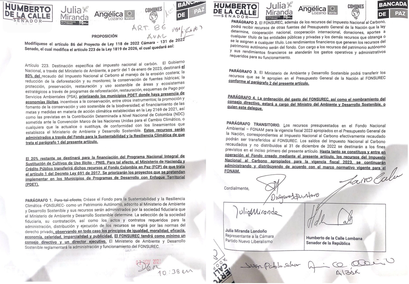 Proposición hecha por varios partidos políticos para cambiar el porcentaje que se destina del impuesto al carbono al PNIS.
