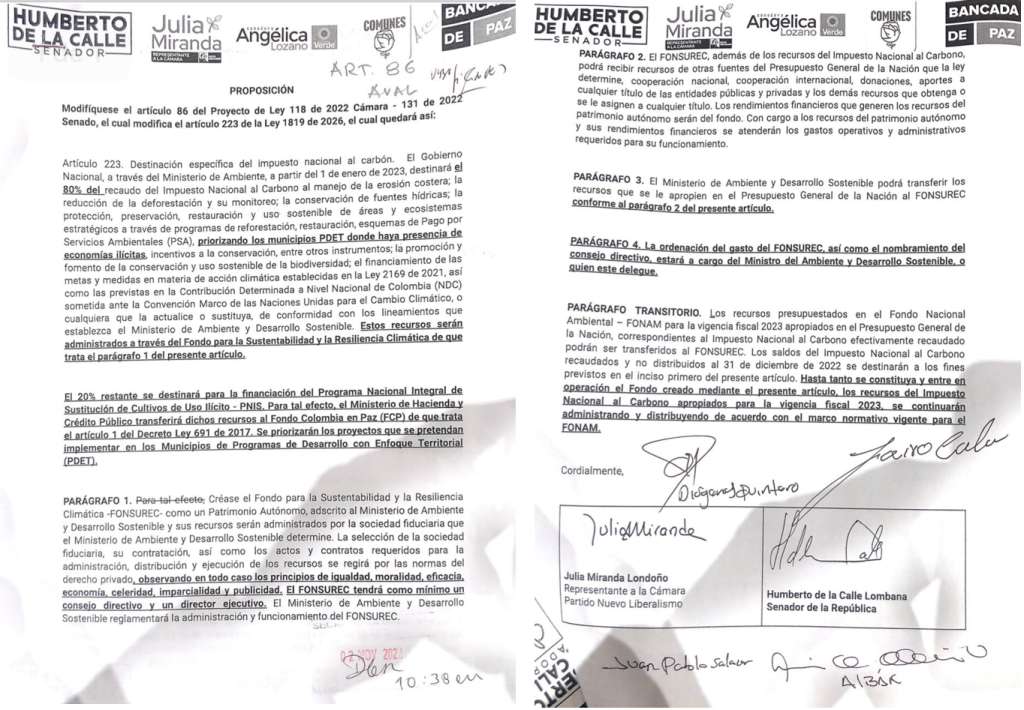 Proposición hecha por varios partidos políticos para cambiar el porcentaje que se destina del impuesto al carbono al PNIS.