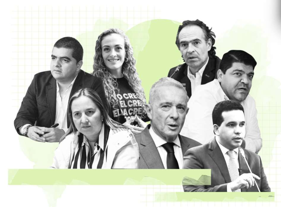 El exsenador Julián Bedoya, la candidata Juliana Gutiérrez, el alcalde Federico Gutiérrez, la representante María Lopera, el presidente Álvaro Uribe, el exsenador Juan Diego Gómez y el senador Carlos Trujillo.