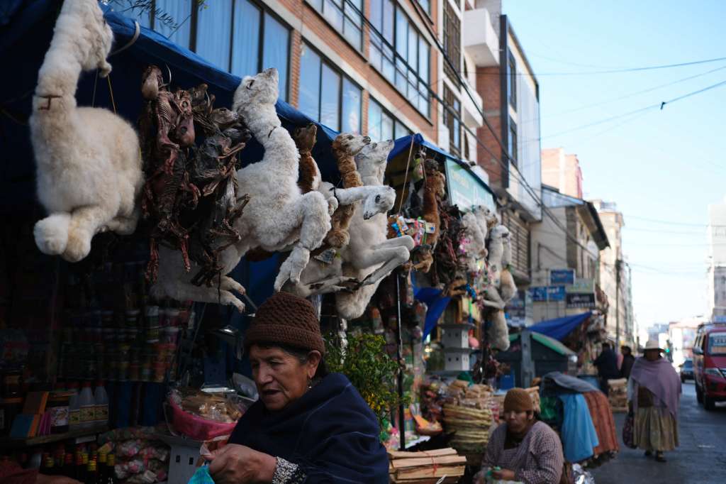 AME1441. LA PAZ (BOLIVIA), 18/08/2024.- Fotografía del 31 de julio de 2024 de personas frente a puestos de venta en la calle de las Brujas, en La Paz (Bolivia). El concurrido Mercado de las Brujas situado en un populoso barrio de La Paz, la sede del Gobierno de Bolivia, recibe a miles de visitantes durante agosto, cuando se conmemora el mes de la Pachamama o Madre Tierra, algunos en busca de productos tradicionales o medicinas y otros para empaparse de la cultura local. EFE/ Luis Gandarillas
