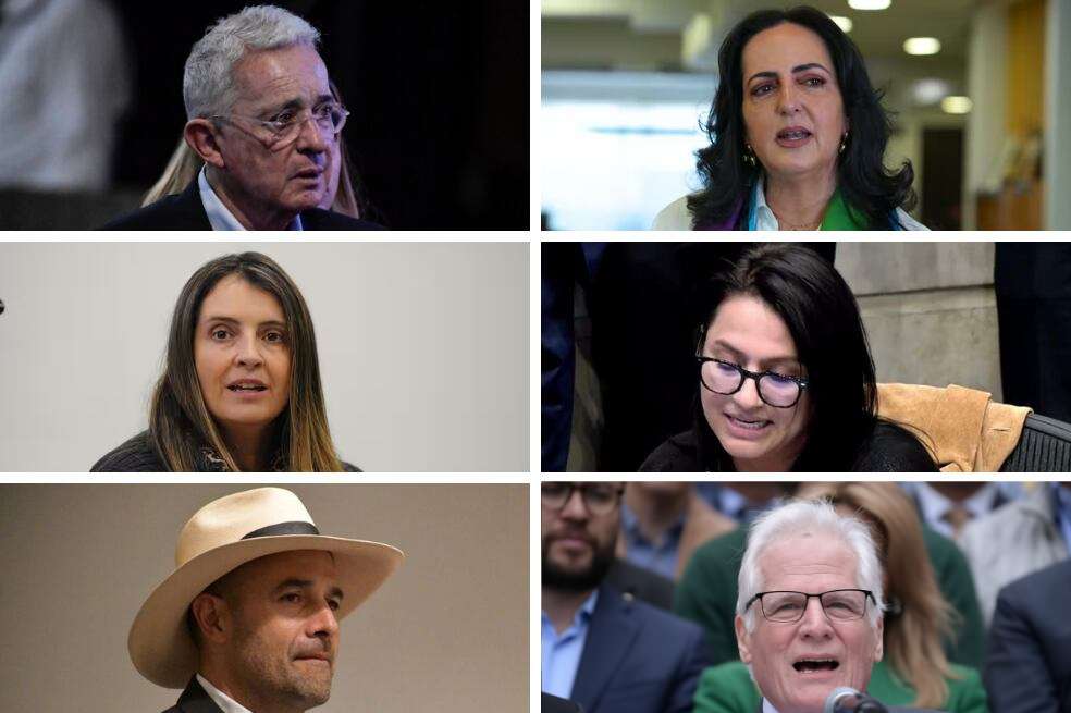 El expresidente Álvaro Uribe y los precandidatos de su partido: María Fernanda Cabal, Paloma Valencia, Paola Holguín, Andrés Guerra y Miguel Uribe Londoño.