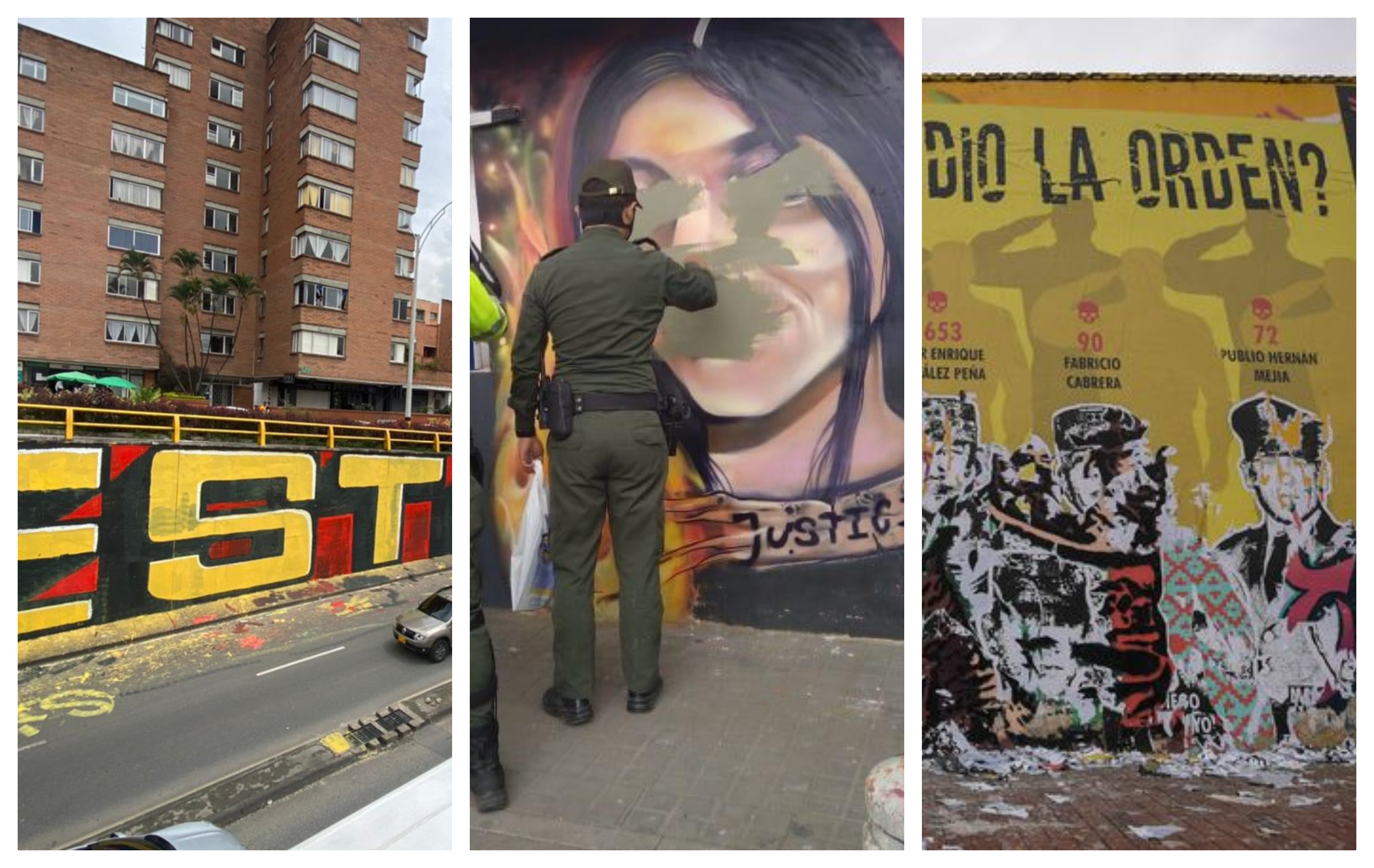 Mural Estado Asesino en Medellín, Centro Cultural Julieth Ramírez en La Gaitana (Bogotá) y  mural ¿Quién dio la orden? cerca de la Escuela Militar de Cadetes.