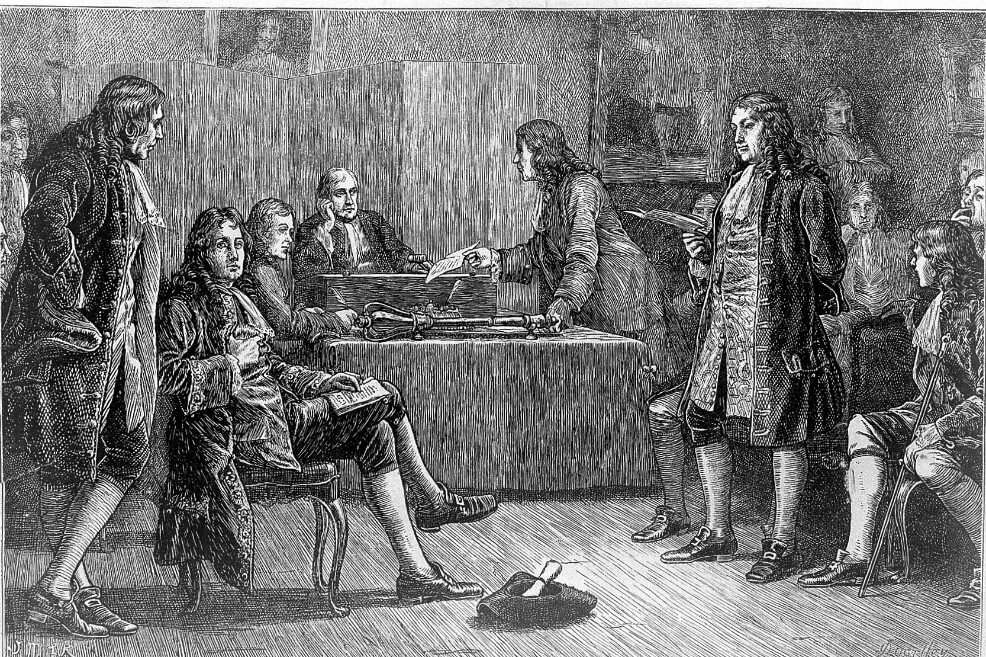 Representación de una reunión de la Royal Society con Isaac Newton sentado en la silla. Grabado en madera por J. Quartley, 1883. / Wikipedia