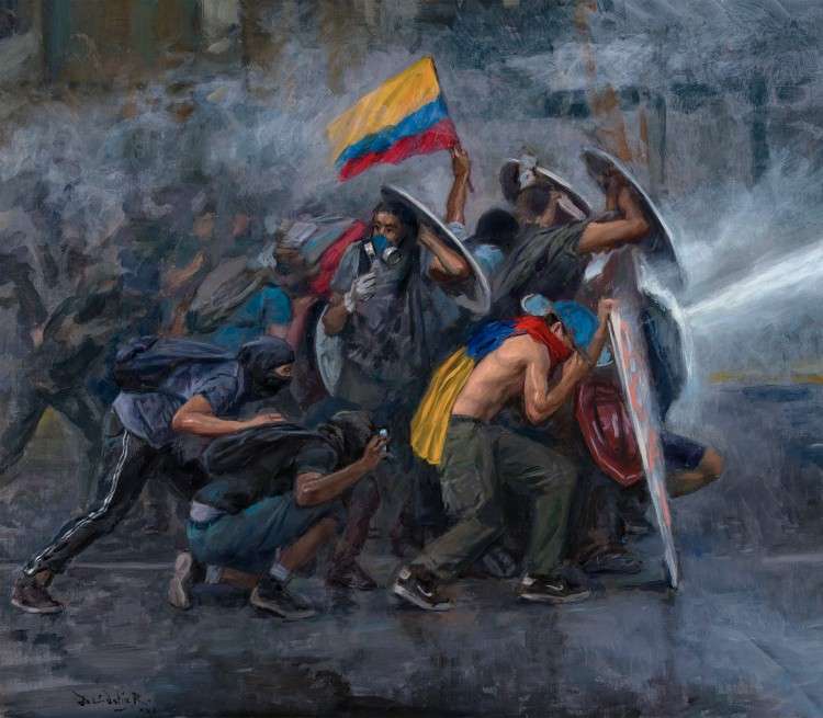 “Primera Línea” es un cuadro del artista tolimense Darío Ortiz pintado al óleo. La obra original es de 35 x 40 centímetros.