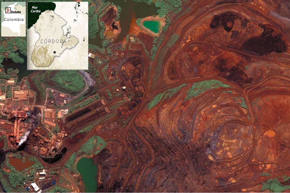 Esta panoramica de Cerro Matoso evidencia los efectos de la operación minera sobre el suelo de Montelíbano, Córdoba. (Google Earth)
