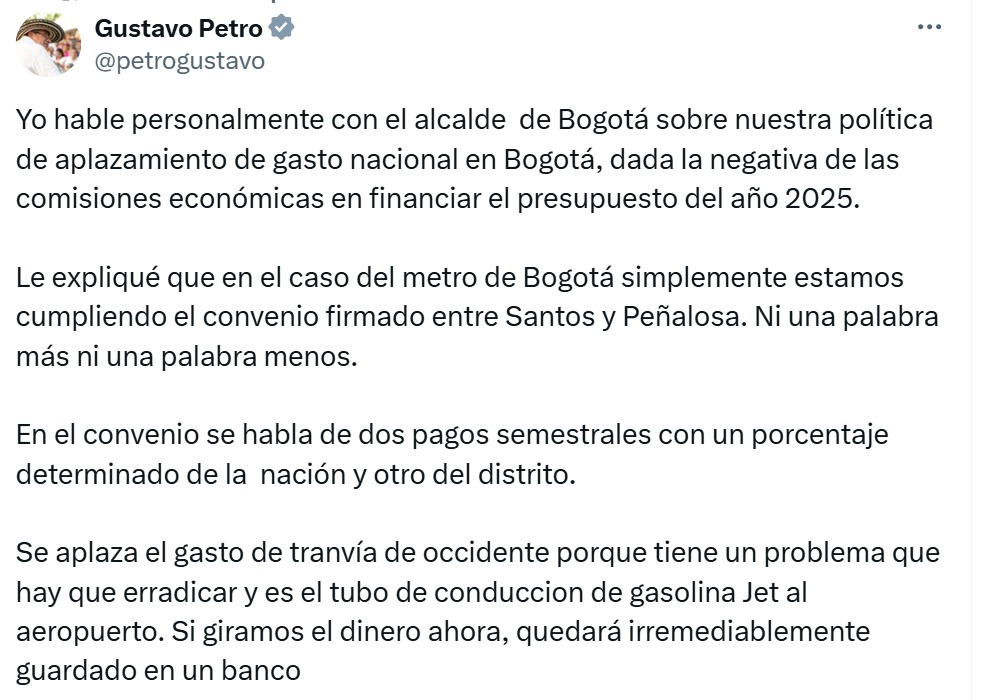 Presidente Gustavo Petro asegura que habló con alcalde Carlos Fernando Galán sobre el congelamiento de recursos para el Metro de Bogotá.