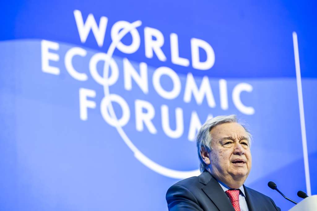 Davos (Switzerland Schweiz Suisse), 18/01/2023.- United Nations Secretary-General Antonio Guterres speaks during the 53rd annual meeting of the World Economic Forum, WEF, in Davos, Switzerland, 18 January 2023. The meeting brings together entrepreneurs, scientists, corporate and political leaders in Davos under the topic 'Cooperation in a Fragmented World' from 16 to 20 January. (Suiza) EFE/EPA/GIAN EHRENZELLER