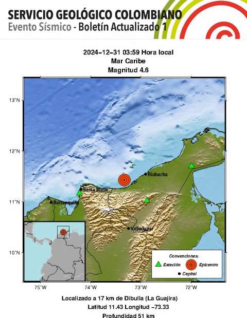 Registran temblor de 4,6 en la madrugada del 31 de diciembre en la costa Caribe