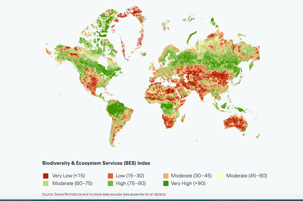 En rojo los países con menos servicios ecosistémicos y biodiversidad. En verde las regiones más ricas en las dos categorías.