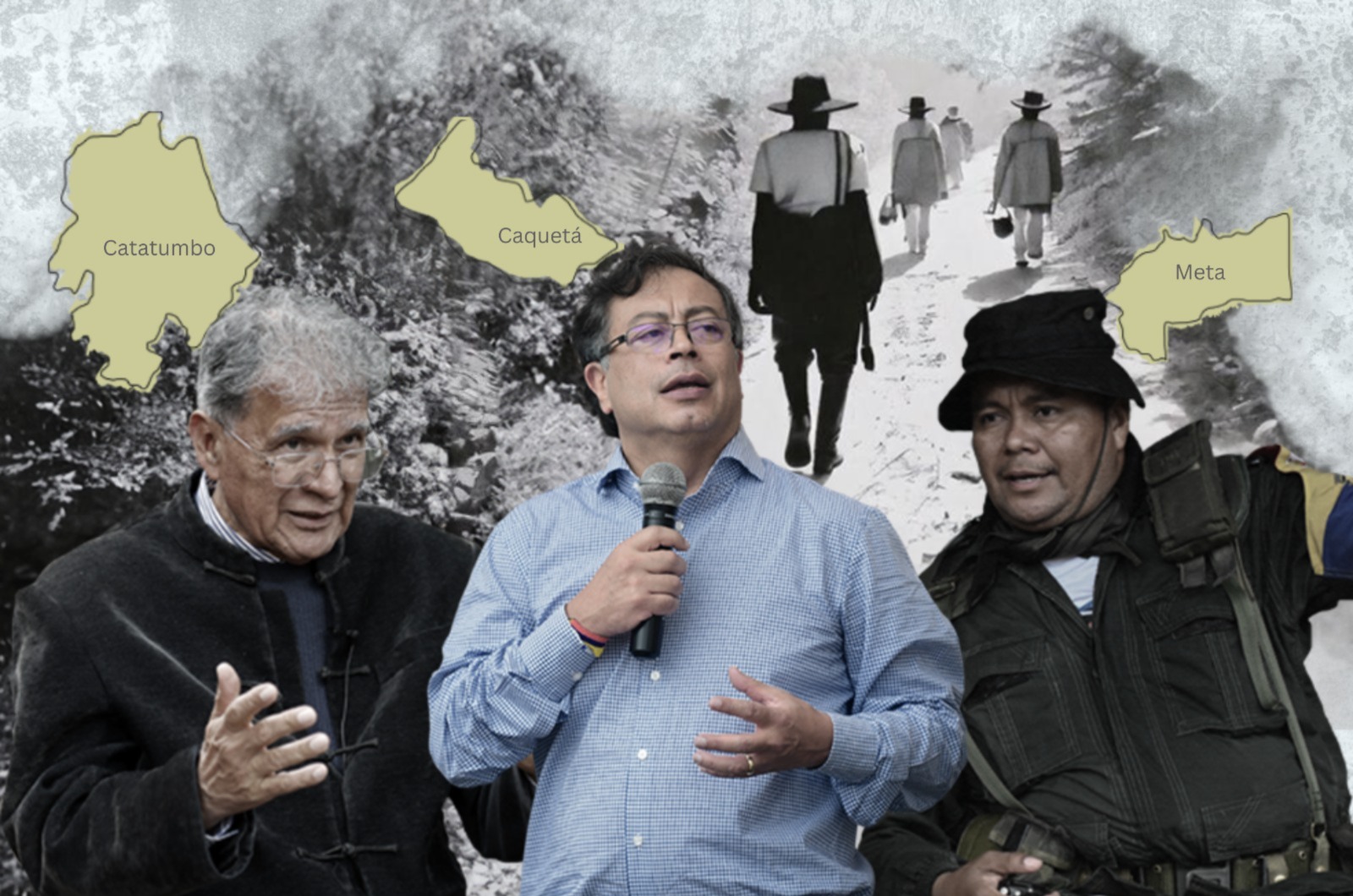 El cese al fuego empezó el 16 de octubre de 2023 y se pactó en Tibú, Norte de Santander. En la imagen, Camilo González (izq.), jefe de la delegación del gobierno, el presidente Gustavo Petro y alias “Calarcá”.