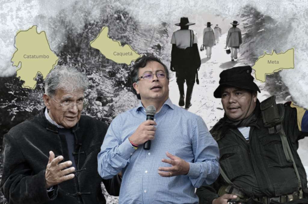 El cese al fuego empezó el 16 de octubre de 2023 y se pactó en Tibú, Norte de Santander. En la imagen, Camilo González (izq.), jefe de la delegación del gobierno, el presidente Gustavo Petro y alias “Calarcá”.