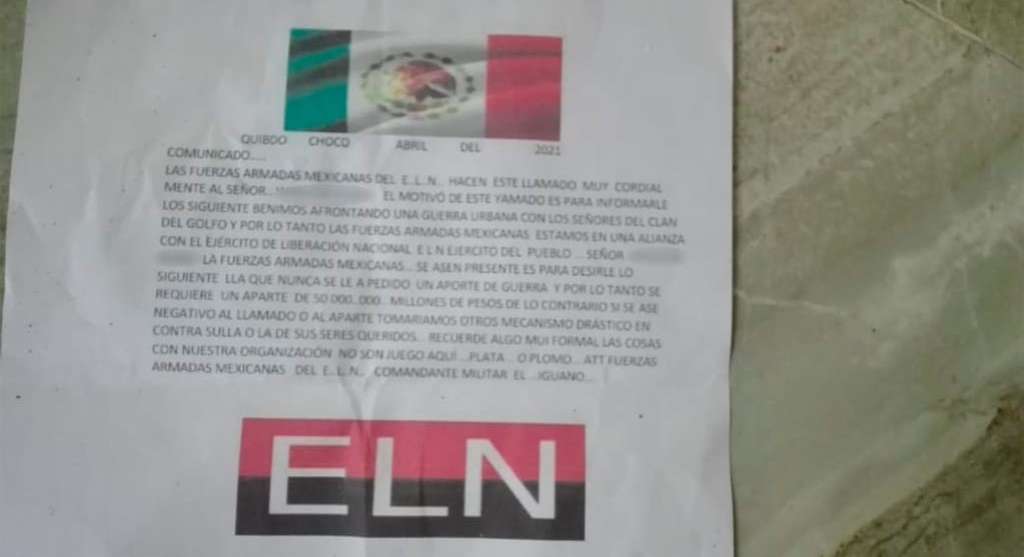 Panfleto en el cual "Los Mexicanos" se habrían aliado con el Eln para cometer delitos en la región.