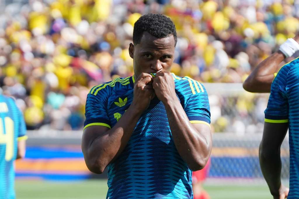 AME9585. SAN DIEGO (ESTADOS UNIDOS), 07/06/2026.- Jhon Arias de Colombia celebra un gol este domingo, en un partido amistoso entre Colombia y Jordania en el estadio Snapdragon de San Diego (EE.UU.). EFE/ Omar Alonso