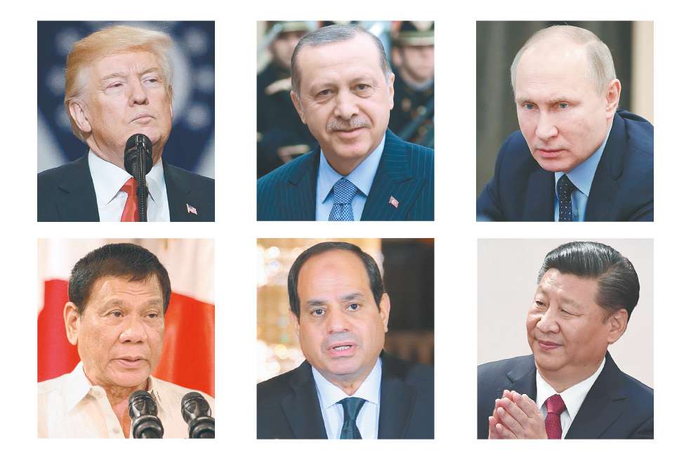 Donald Trump, EE.UU.; Recep Tayyip Erdogan, Turquía; Vladimir Putin, Rusia; Rodrigo Duterte, Filipinas; Abdel Fatah Al-Sisi, Egipto; Xi Jinping, China. 
 / AFP-EFE